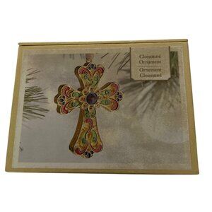 Pier 1 Imports Cloisonné Gold Tone Decorative Cross Ornament With Ribbon Hanger